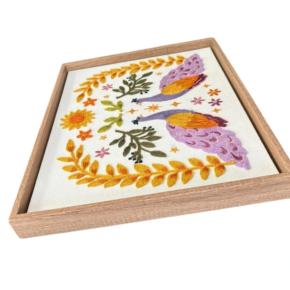 Latin Folk Art Inspired Woven Embroidered Wall Art 12X15 Framed  Peacocks Leaves